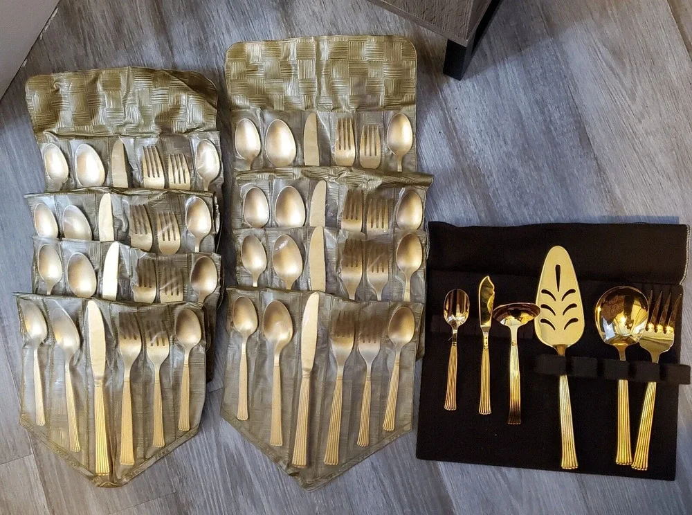 Vintage Elegant Cosmos Verme Gold Tableware Flatware Set Serving 8, 54 pieces